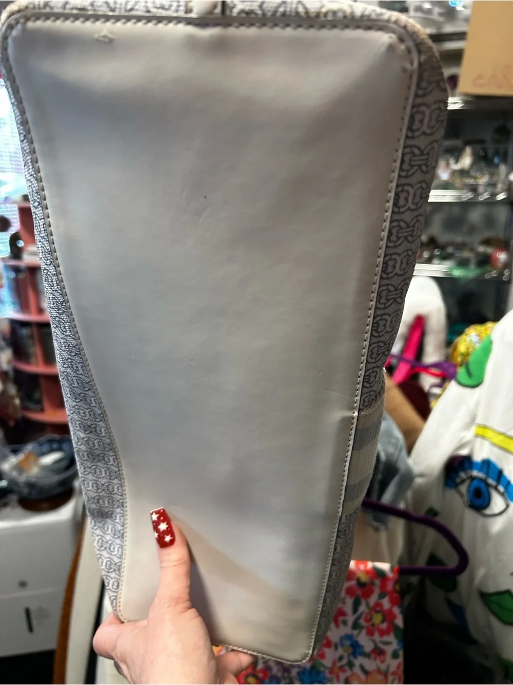Tory Burch Cream and Light Blue Printed Canvas Stripe Tote